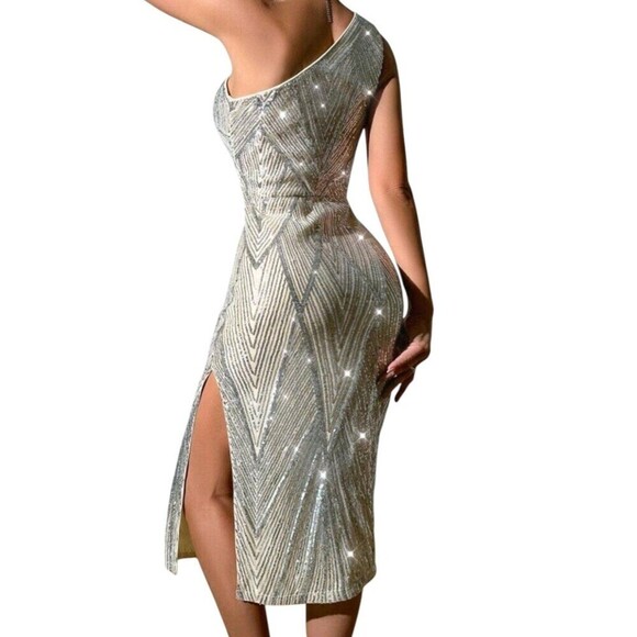 Women's One-Shoulder Sparkling Sequin Party Dress For Holiday Party Clothes Maxi - Picture 9 of 9
